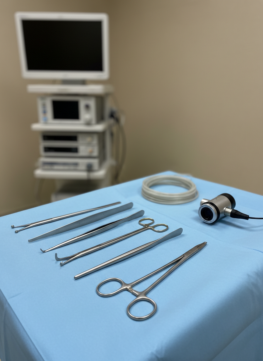 A focused, photographic close-up of a sterile laparoscopic instrument tray prepared for minimally invasive anorectal surgery, with no hands or people present. Fine, long-shafted instruments with matte steel finishes are aligned precisely on a taut, sky-blue surgical drape, alongside a compact camera head and coiled light cable. In the background, softly out of focus, stands a wheeled endoscopy tower with stacked equipment units and a dormant monitor framed by a neutral wall. Bright, cool surgical lighting from above creates crisp, well-defined reflections on metal edges and subtle shadows along the tray, highlighting meticulous preparation. Shot from a three-quarter overhead angle with shallow depth of field, the composition feels orderly, sterile, and technically sophisticated, ideal for communicating expert laparoscopic practice.