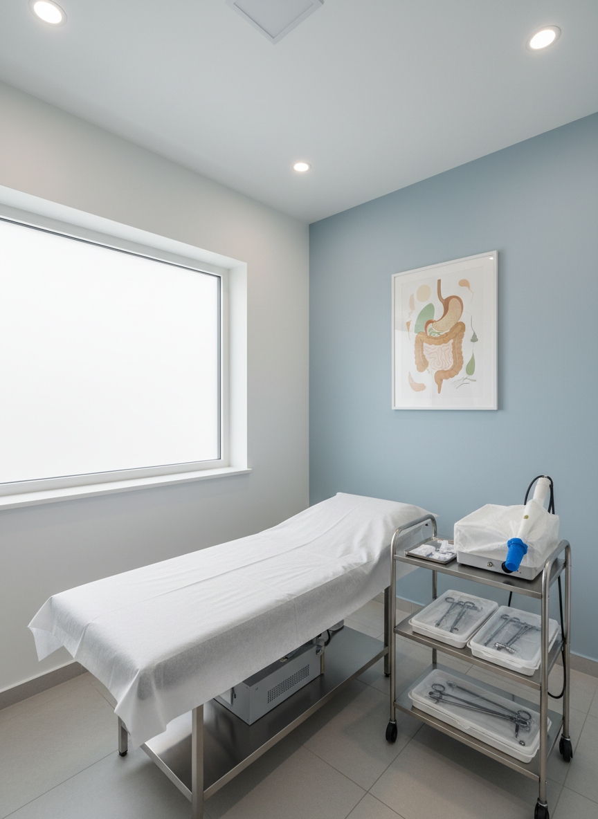 A pristine, modern consultation room dedicated to laparoscopic and laser anorectal care, carefully staged without any people. At the center is a cushioned examination couch with crisp white paper, adjacent to a compact trolley neatly arranged with sealed, sterile laparoscopic instrument trays and a covered laser handpiece dock. The walls are painted in soft shades of white and pale blue, with a framed, stylized illustration of the digestive tract adding subtle color. A large window with frosted glass allows gentle daylight to wash across the room, balanced by understated ceiling lights, creating a bright yet soothing ambience. Captured from a slightly elevated angle, the entire room is in sharp focus, emphasizing cleanliness, organization, and professionalism in a photographic, contemporary style.
