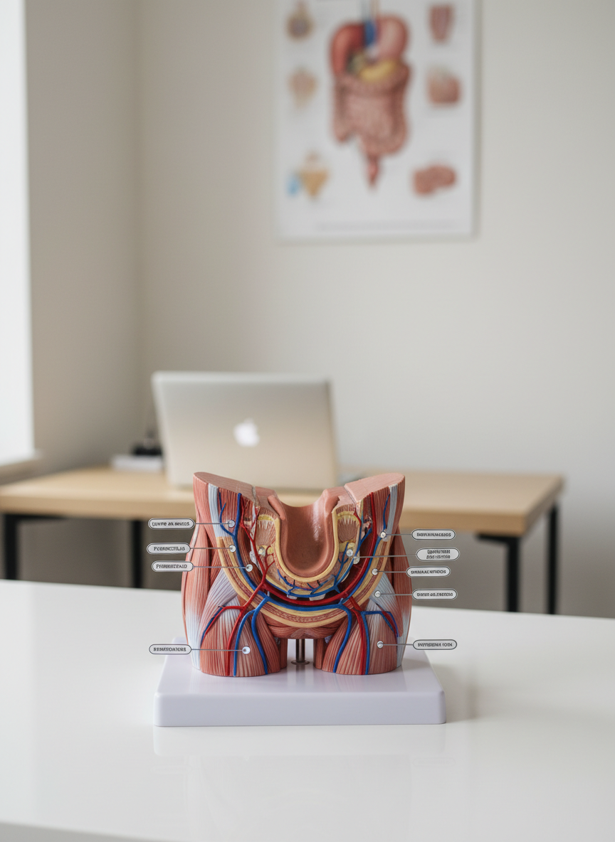 A highly detailed anatomical teaching model of the lower abdomen and anorectal region placed on a polished white examination counter in a consultation room, completely free of people. The model, made of realistic matte silicone in natural tones, clearly shows layers of muscles, blood vessels, and the rectal canal, with small labeled markers indicating key structures. Behind it, a softly blurred wall-mounted medical poster and a closed laptop on a light wood desk suggest an educational environment. Neutral, diffused daylight enters from an unseen window, casting gentle, clear shadows that emphasize the contours of the model. Shot at eye level with moderate depth of field to keep the model crisp while maintaining a calm background. The photographic realism and clean composition create an informative, reassuring atmosphere suitable for patient education.