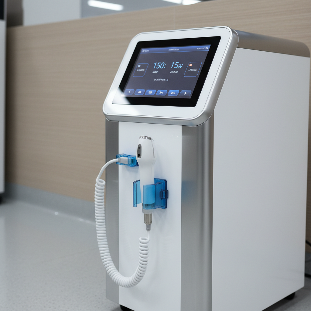 A close-up photographic image of a sleek medical laser console specifically designed for anorectal surgery, with no operators present. The device features a glossy white and silver body, a clear digital touchscreen interface showing precise power settings, and a neatly coiled fiber-optic cable leading to a slim laser handpiece resting on a silicone holder. The console stands on a spotless, light-grey hospital floor beside a neutral-colored wall with subtle texture. Soft, cool overhead lighting creates gentle highlights on the smooth surfaces and a faint reflection on the floor, adding depth. Shot from a slightly low angle to give the equipment a sense of importance, with a shallow depth of field that softly blurs the background. The mood is advanced, trustworthy, and clinically refined, matching a professional laser anorectal surgery practice.