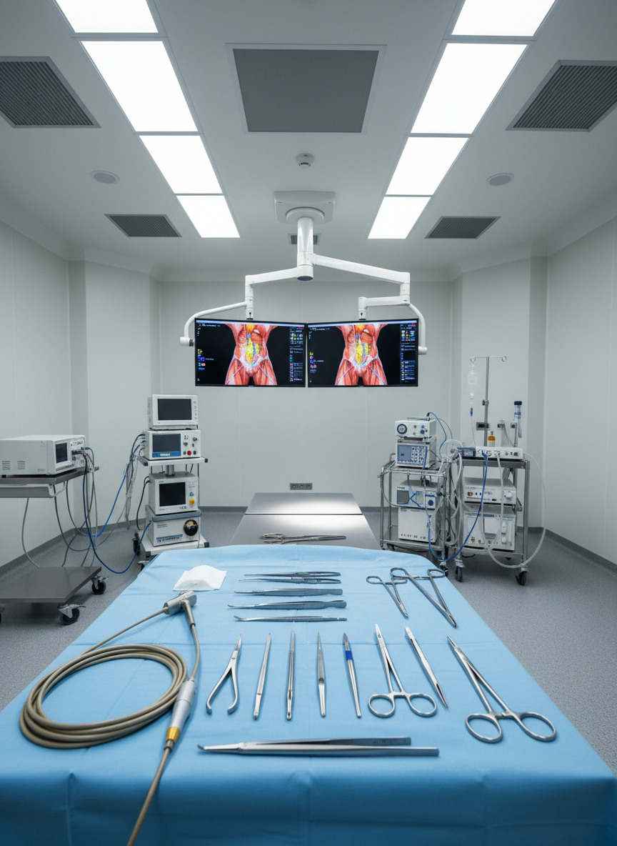 A meticulously organized, state-of-the-art laparoscopic surgery workstation in a spotless, modern operating theatre, shown without any people. Stainless-steel laparoscopic instruments with fine, polished tips rest on a sterile blue drape over a smooth operating table. In the background, dual high-definition monitors display a clear, colorful 3D rendering of the lower abdomen and anorectal anatomy. Cool, diffused ceiling-mounted surgical lights cast even, shadow-free illumination, creating subtle reflections on metal surfaces. The mood is professional, calm, and reassuring. Photographed at eye level with sharp focus throughout, the composition follows the rule of thirds, emphasizing the precision tools and glowing monitors. The photographic realism and clean, minimalist aesthetic highlight advanced technology and clinical expertise appropriate for a laparoscopic and laser anorectal surgery specialist.