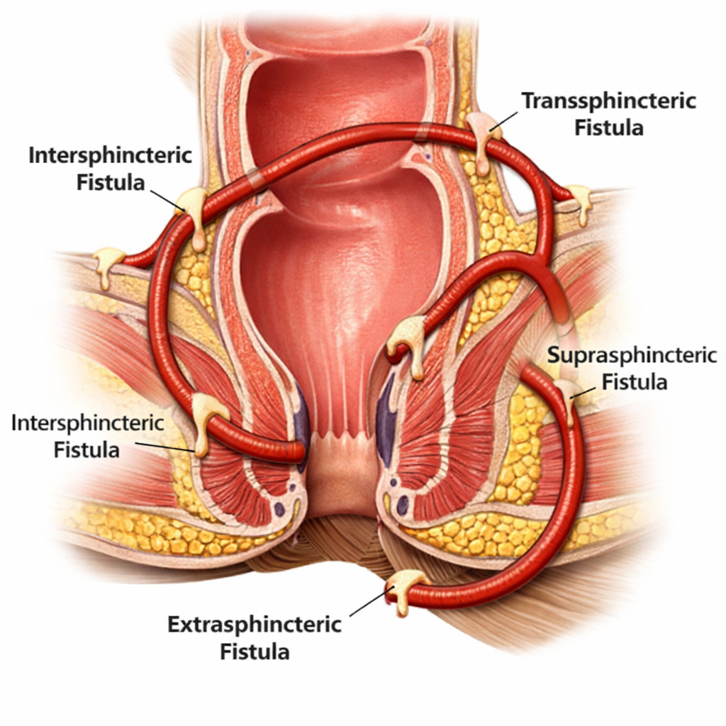 Diagram illustrating intersphincteric, transsphincteric, suprasphincteric, and extrasphincteric anal fistulas