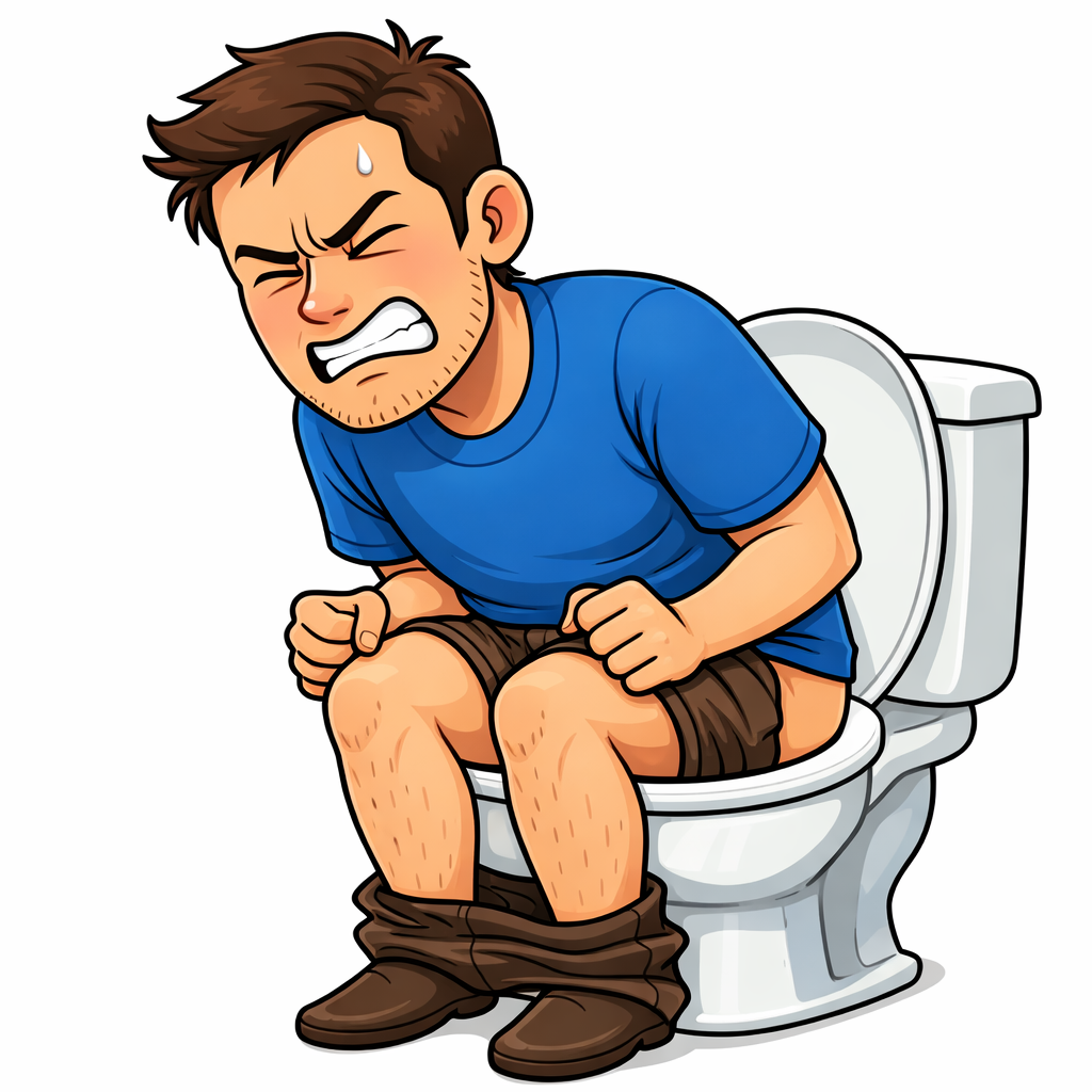 Man holding stomach with pain expression and red pain indicators